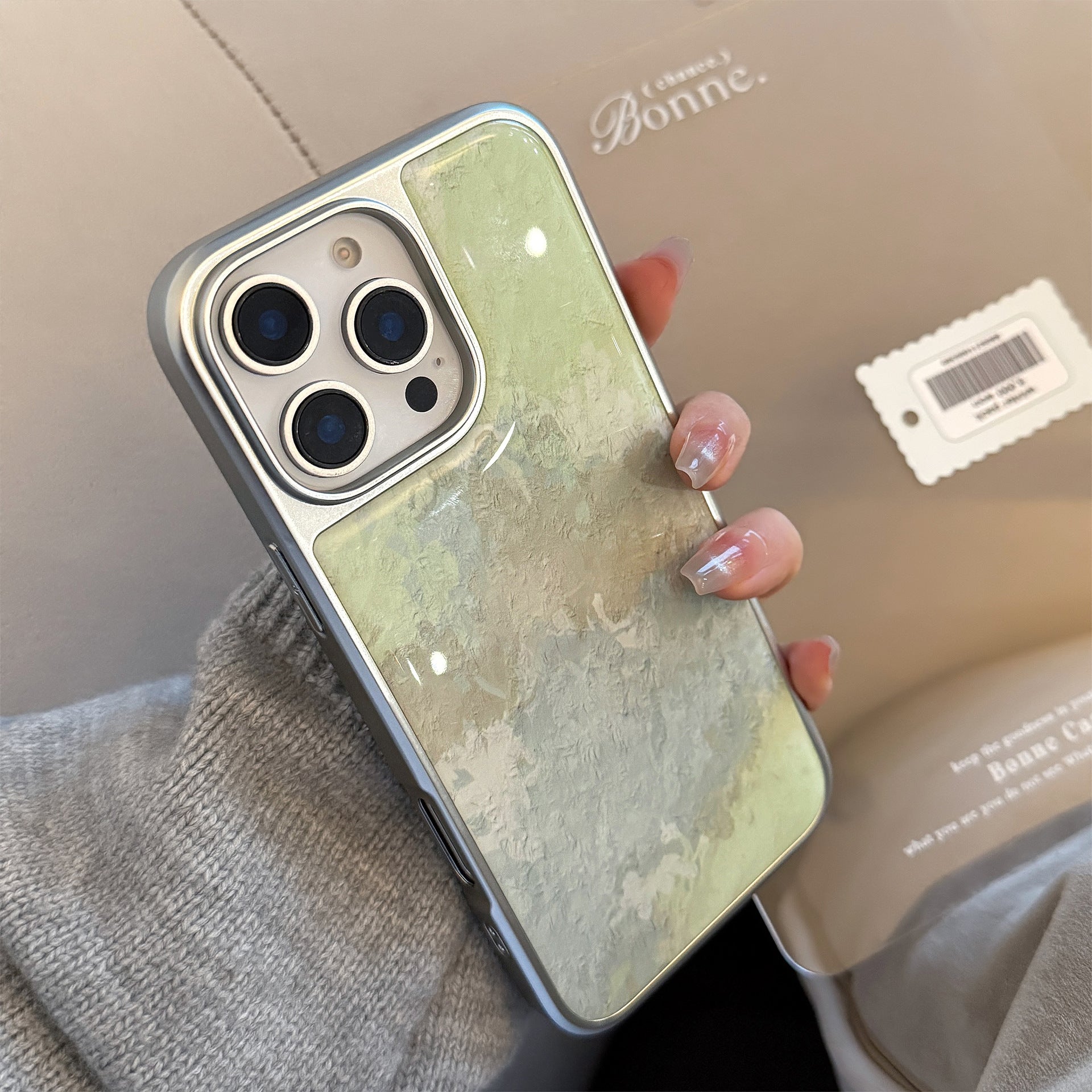 Fresh Green Oil Painting Suitable for Apple15promax Phone case iphone16Epoxy17Advanced14Electroplated Huawei