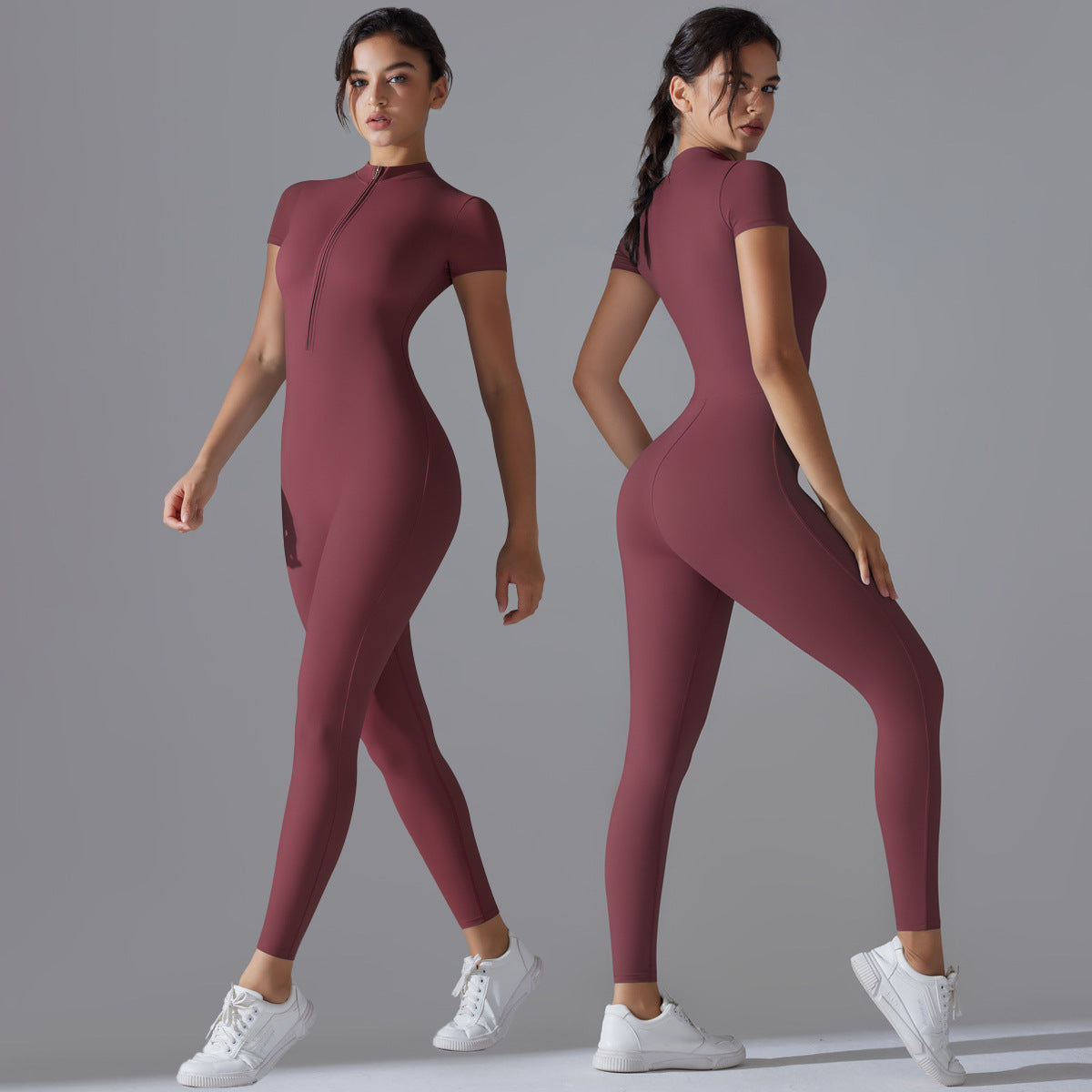 European and American nude zipper short-sleeved yoga clothes onesie quick-drying breathable outdoor sports tight onesie fitness clothes