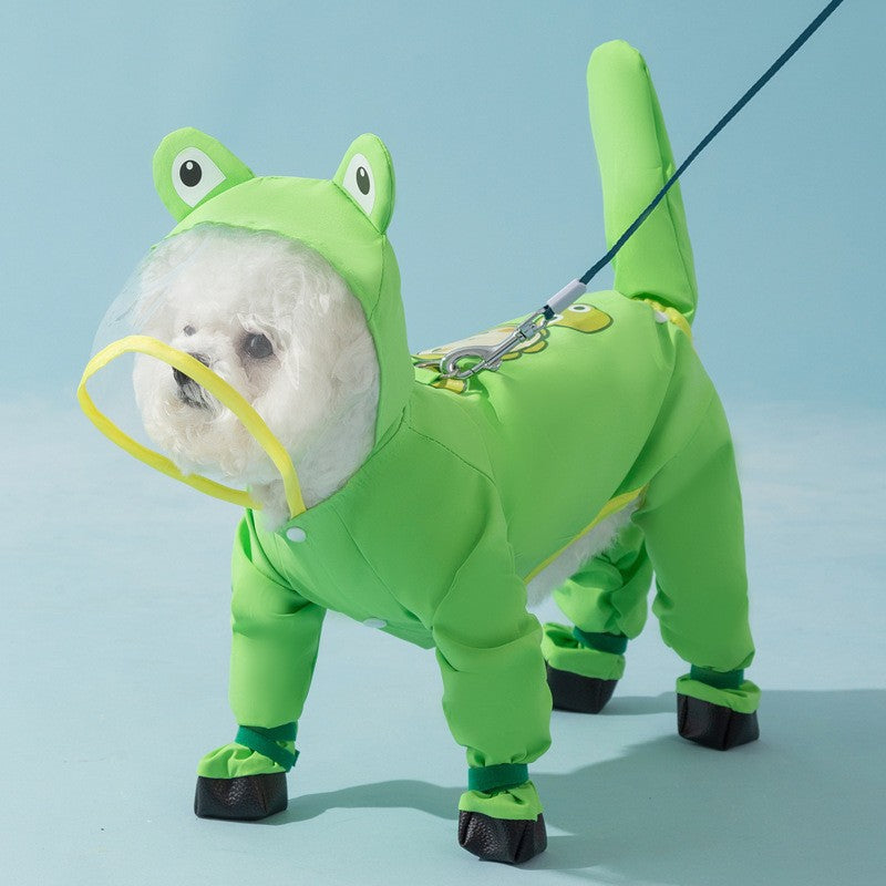 Dog rainy day four-legged waterproof three-dimensional dinosaur bag tail dog teddy poncho medium and large dog golden retriever pet raincoat