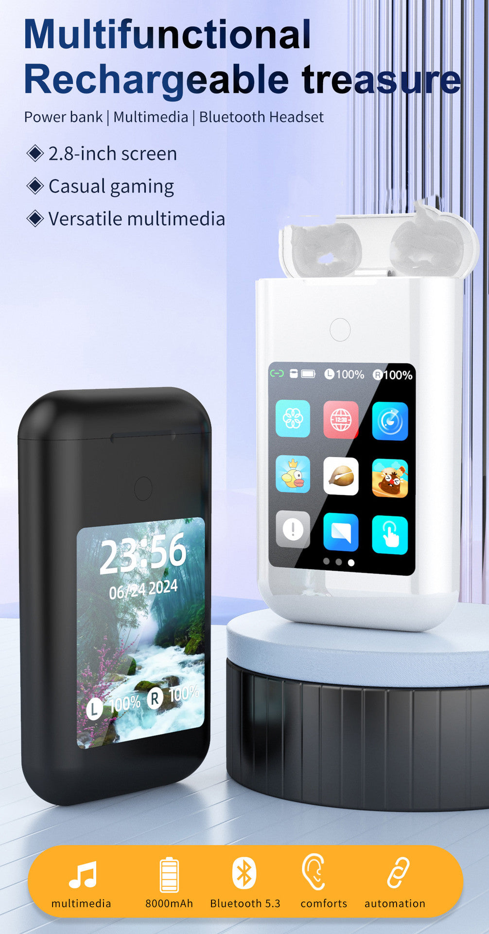 Smart device A98 BOX Bluetooth headset power bank 2.8 inch multimedia display mobile power supply three-in-one