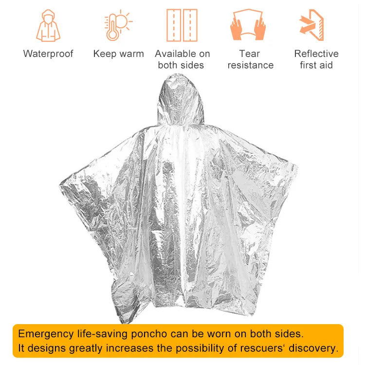 Outdoor emergency raincoat PE aluminized film thermal insulation raincoat, hiking, cycling, camping poncho