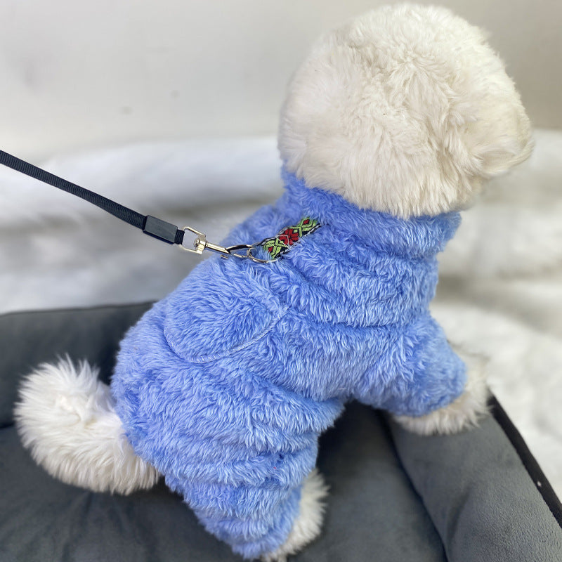 Ultra small dog cat clothes autumn and winter plush four-legged small size puppy teacup dog belt traction thickened warm