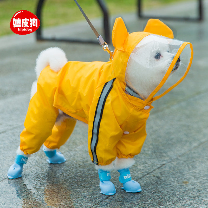 Dog rainy day four-legged waterproof three-dimensional dinosaur bag tail dog teddy poncho medium and large dog golden retriever pet raincoat