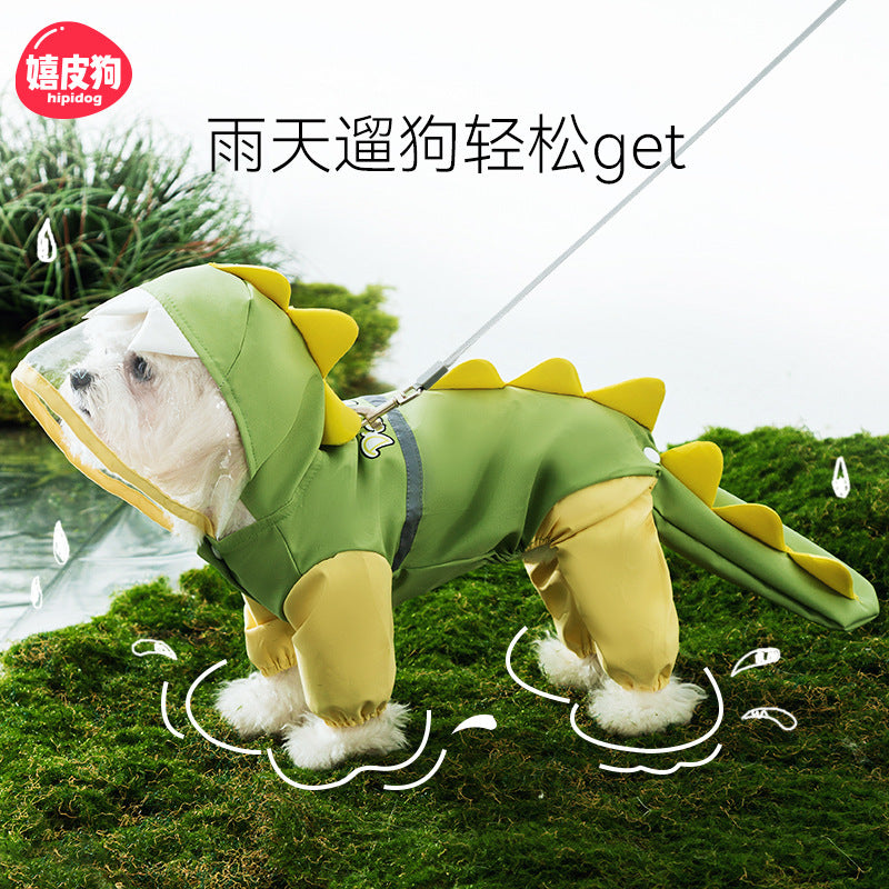 Dog rainy day four-legged waterproof three-dimensional dinosaur bag tail dog teddy poncho medium and large dog golden retriever pet raincoat