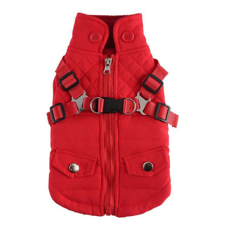 Cross-border popular pet autumn and winter clothes windproof and cold-proof puppy jacket integrated chest and back can pull dog cotton-padded clothes