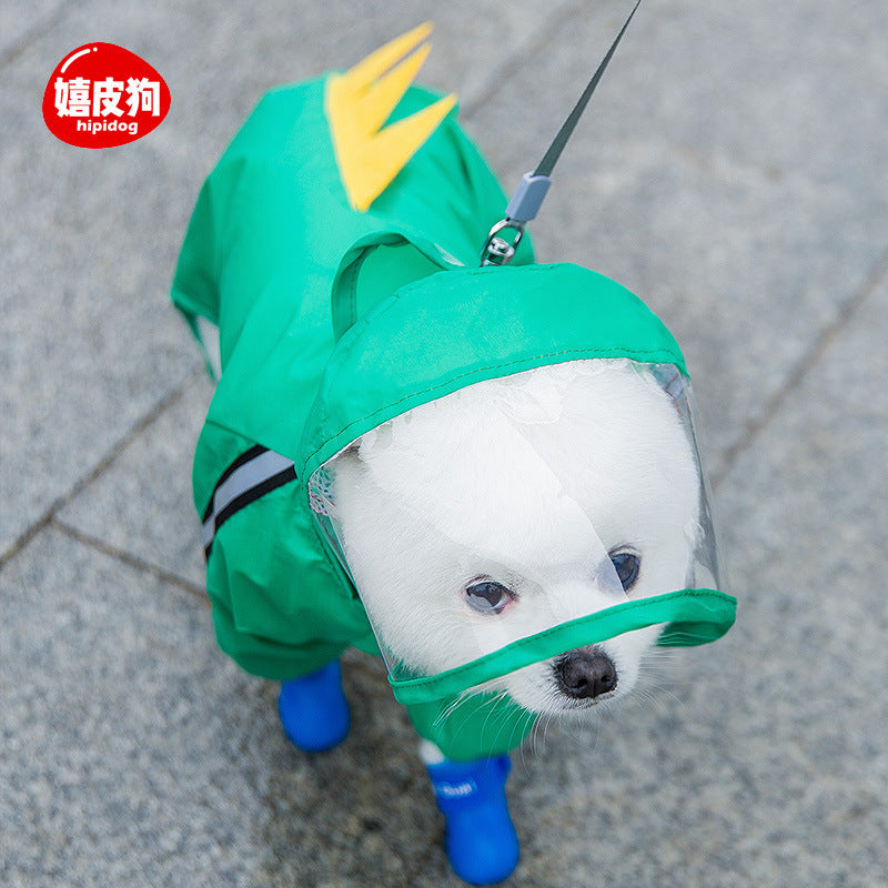 Dog rainy day four-legged waterproof three-dimensional dinosaur bag tail dog teddy poncho medium and large dog golden retriever pet raincoat
