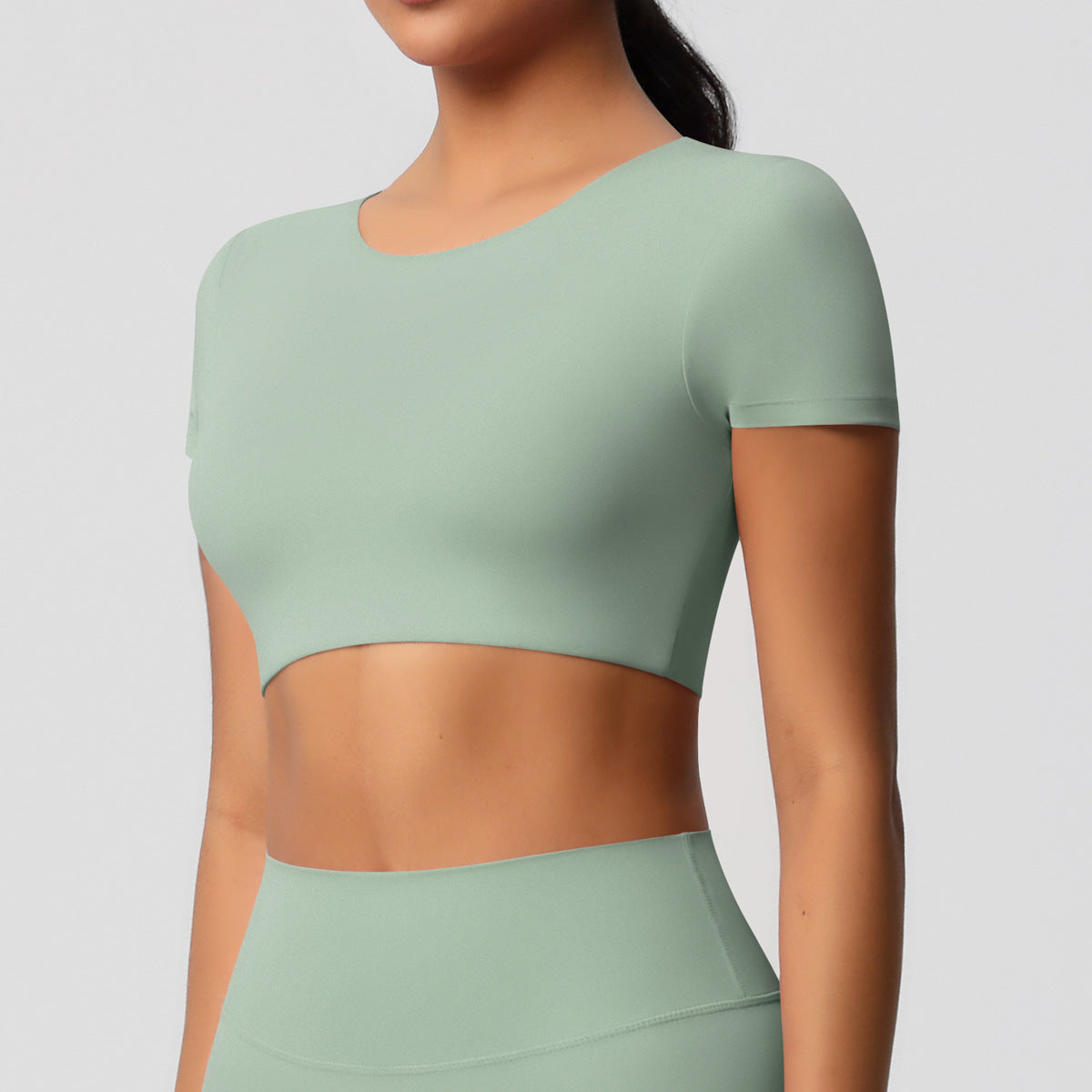 Cross-border European and American yoga pants solid color long-sleeved skin-friendly and breathable back sports short-sleeved slim and thin fitness pants set