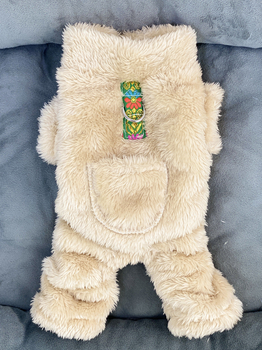 Ultra small dog cat clothes autumn and winter plush four-legged small size puppy teacup dog belt traction thickened warm