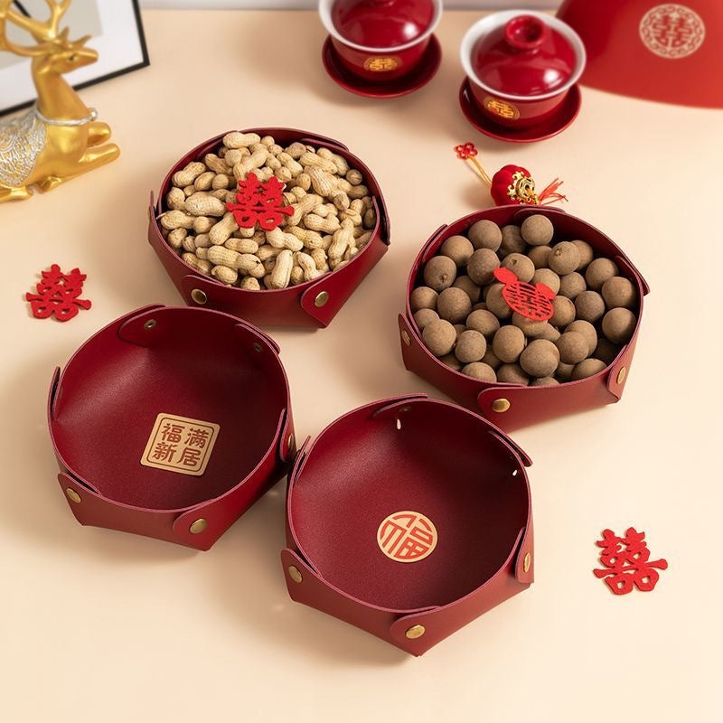 Large-capacity high-end sugar box fruit plate leather desktop storage box foldable wedding housewarming home daily dried fruit plate
