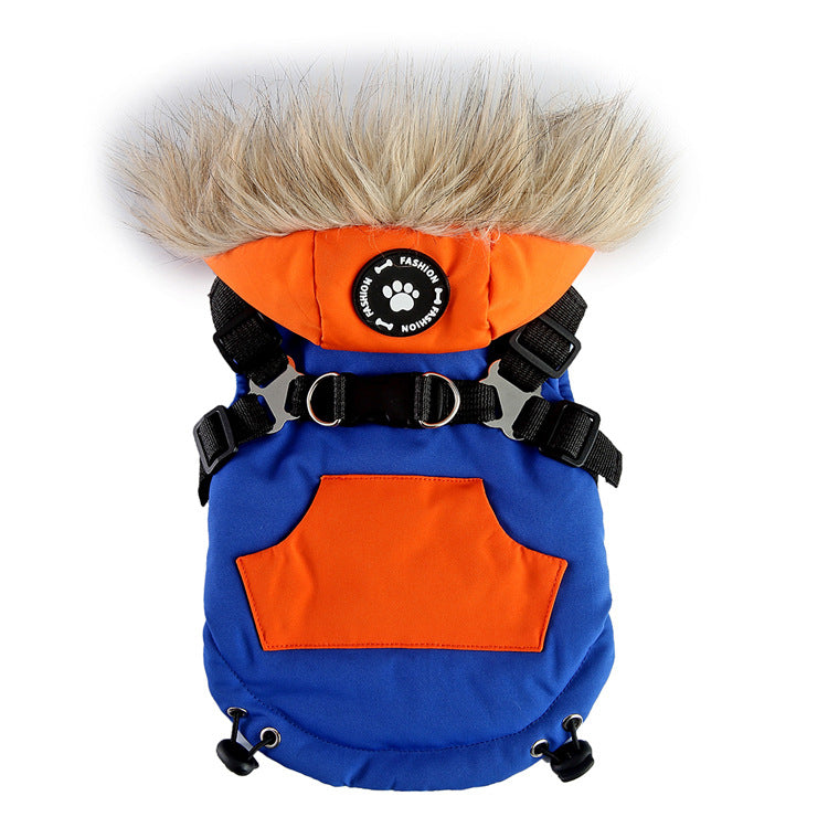 Cross-border popular pet autumn and winter clothes windproof and cold-proof puppy jacket integrated chest and back can pull dog cotton-padded clothes