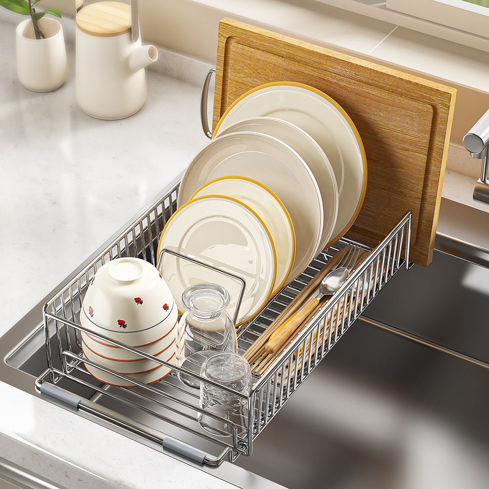 Stainless steel kitchen dish dish drain rack retractable large sink storage single pool drain basket storage rack
