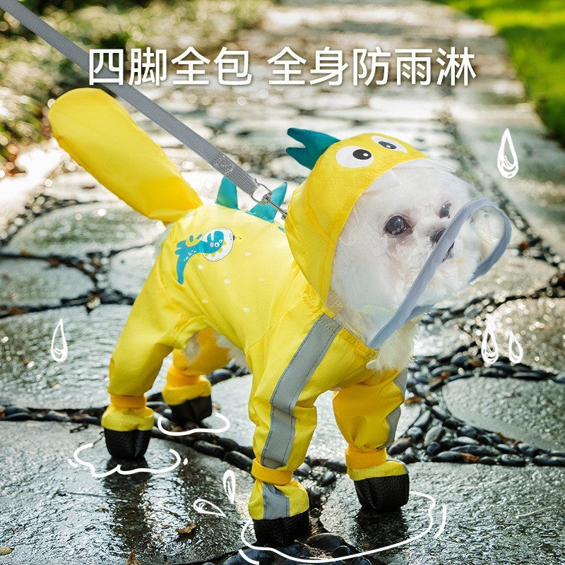 Dog rainy day four-legged waterproof three-dimensional dinosaur bag tail dog teddy poncho medium and large dog golden retriever pet raincoat