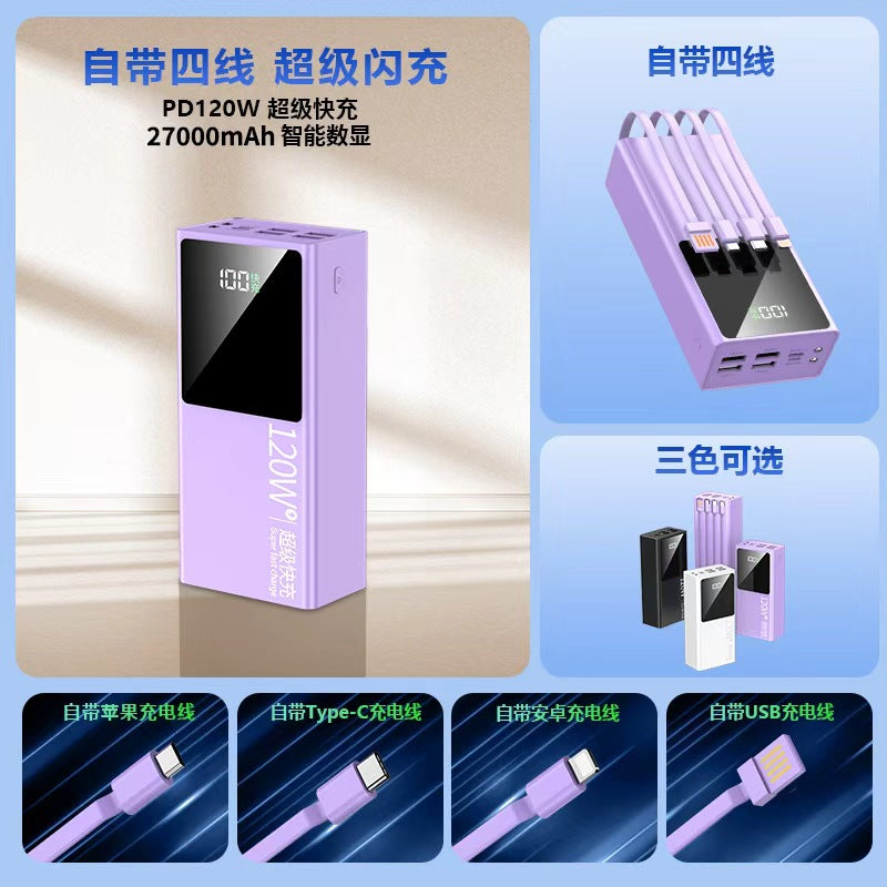 3C certified super fast charging 27000 mAh power bank with its own cable mobile power supply phablet universal customization