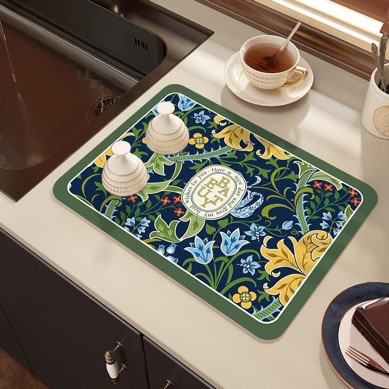 Cross border temu European style retro floral diatom mud kitchen drain mat home dining table countertop dirt resistant insulated table mat