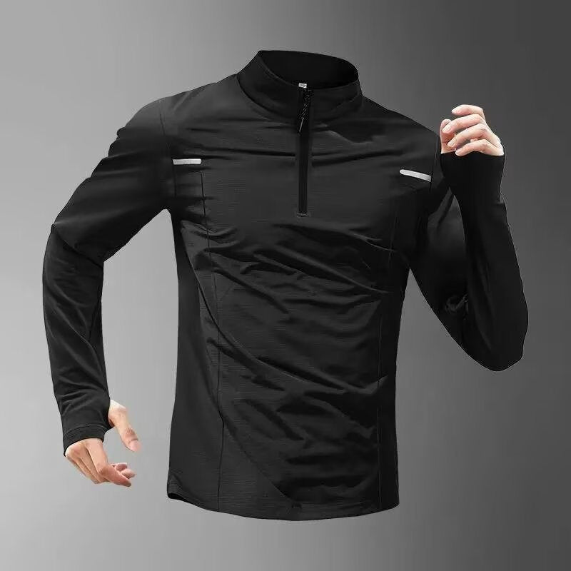 Semi-zipper sports t-shirt men's summer long-sleeved quick-drying thin training stand-up collar fitness outdoor running top ice silk