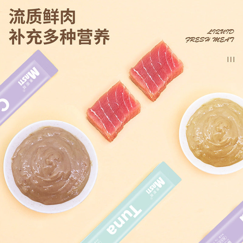 Manufacturer wholesale cat strips pet snacks 15g/piece, liquid wet food tuna chicken canned hair gills, cat snacks