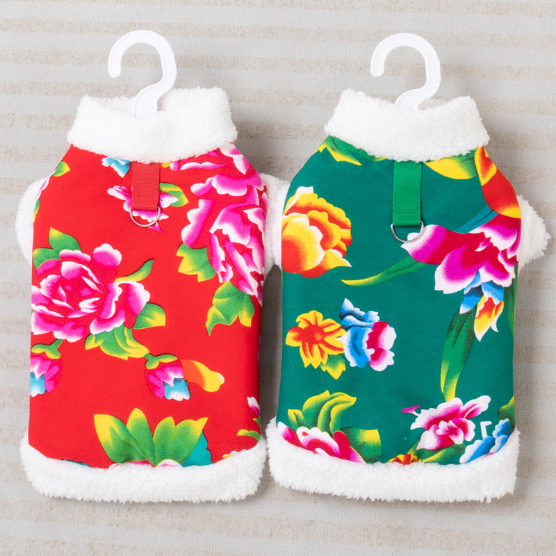 Cat Tang suit dog clothes Northeast big flower jacket Teddy Bi Xiong Pomeranian Corgi puppy New Year's festive clothing