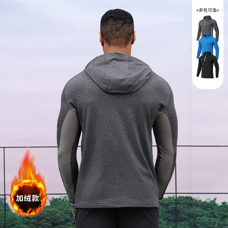 Men's fleece sports sweater autumn and winter hooded semi-zipper gym wear outdoor casual tights windproof sportswear