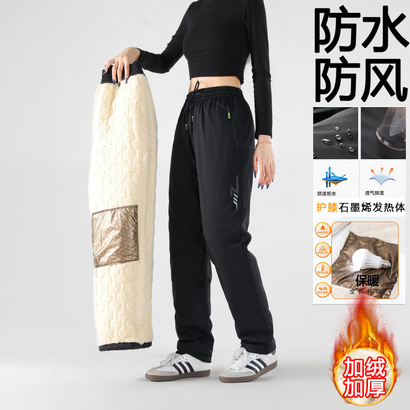 Charge pants women's waterproof, windproof and cold-proof piled thickened warm sub-zero graphene knee pads cycling lamb wool trousers