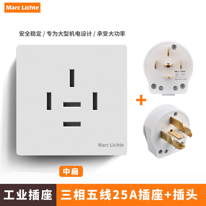 380V three-phase five-wire five-hole industrial plug 16A/25A wall socket 5-core air conditioner high-power 86 type 440v
