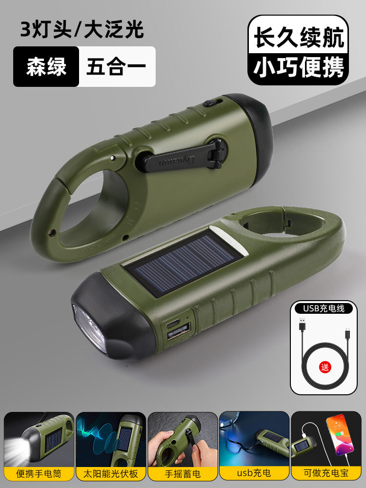Hand cranked hair multi-function electric flashlight mini compact outdoor emergency lighting solar charging fan supplies factory