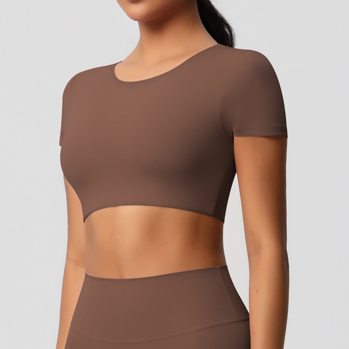 Cross-border European and American yoga pants solid color long-sleeved skin-friendly and breathable back sports short-sleeved slim and thin fitness pants set