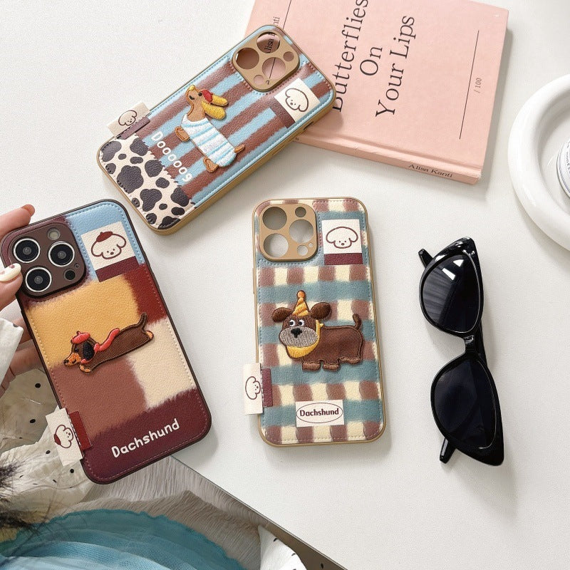 Retro cartoon contrasting color dachshund for iphone16Promax iPhone 15 case 14 leather 13 female 12