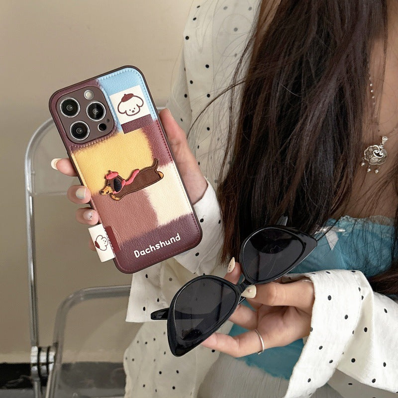 Retro cartoon contrasting color dachshund for iphone16Promax iPhone 15 case 14 leather 13 female 12