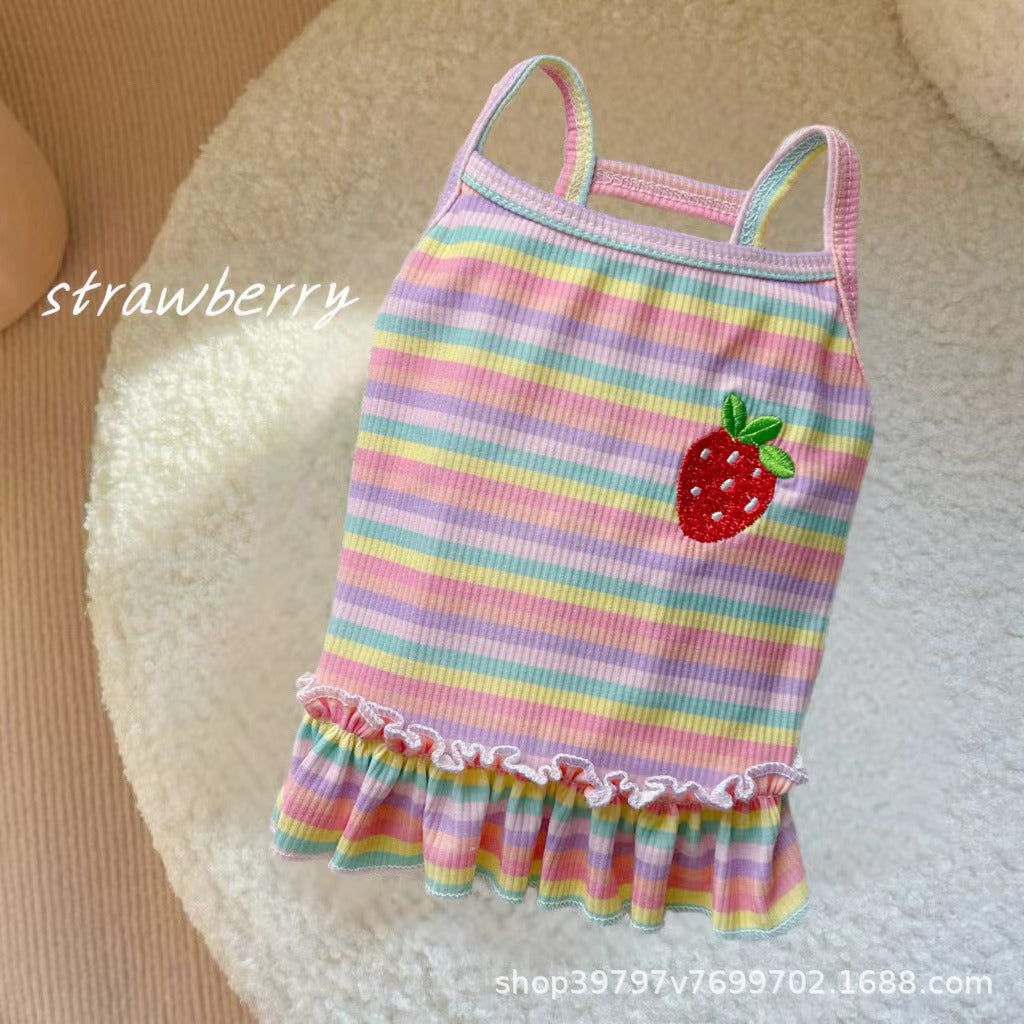 New rainbow striped pet dog dog cat summer ins thin clothes bubble sleeve vest princess style skirt