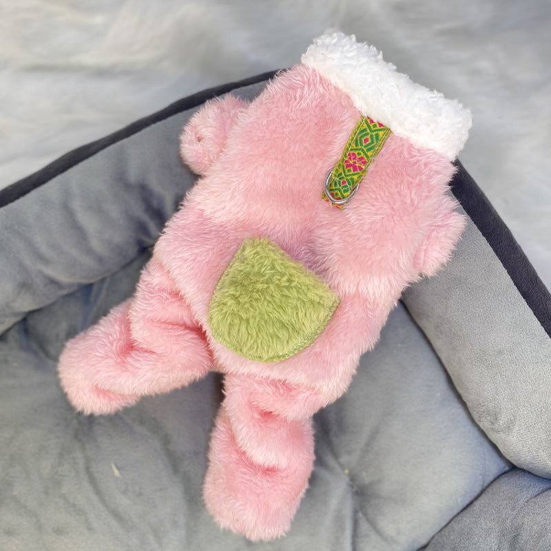 Ultra small dog cat clothes autumn and winter plush four-legged small size puppy teacup dog belt traction thickened warm