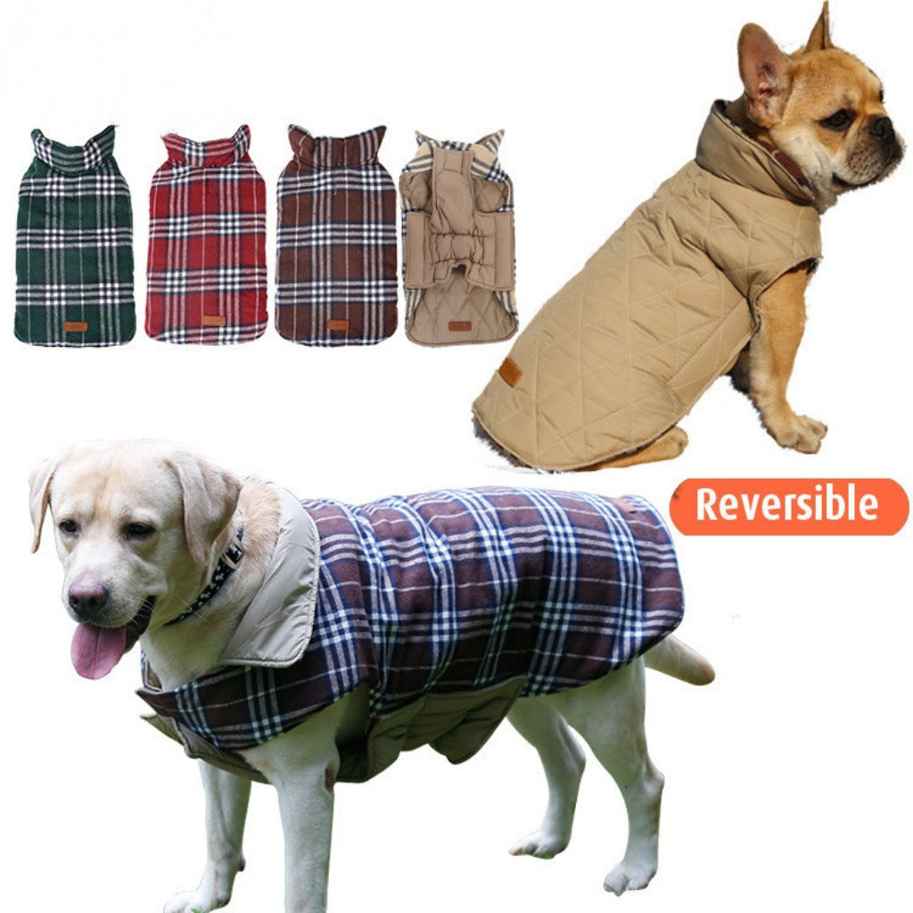 Factory direct sales autumn and winter dog clothes plaid waterproof jacket can be worn on both sides big dog golden hair clothes spot wholesale