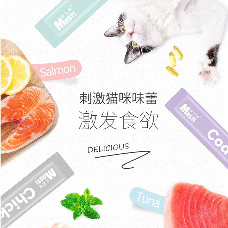 Manufacturer wholesale cat strips pet snacks 15g/piece, liquid wet food tuna chicken canned hair gills, cat snacks