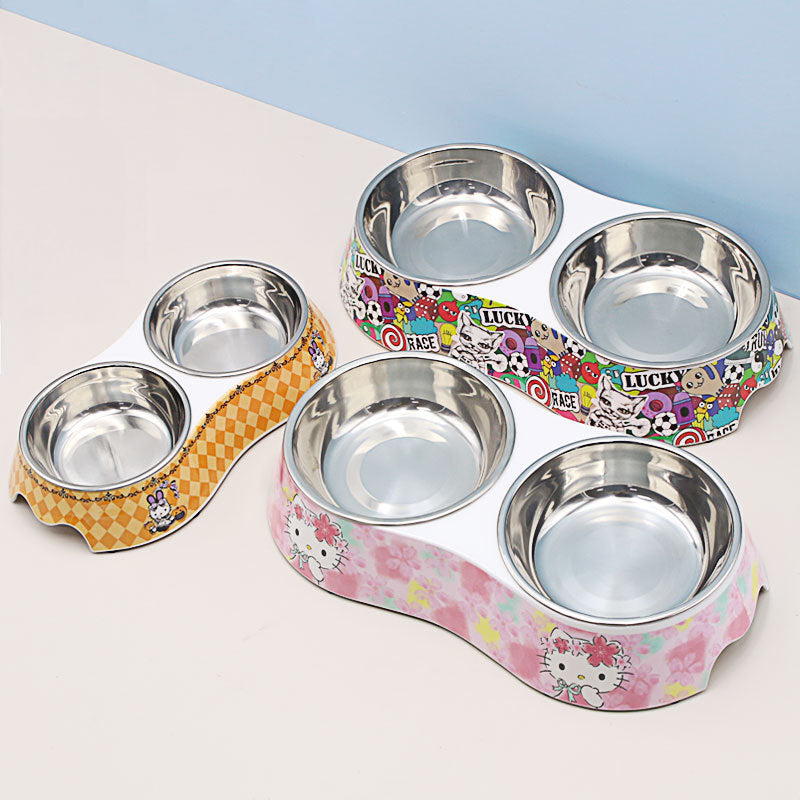 Spot wholesale pet melamine double bowl stainless steel food grade material cat dog pet drinking water feeding pet bowl