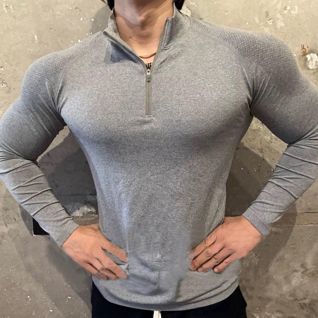 American seamless jacquard zipper long sleeve training fitness outdoor strong top sports quick drying slim fit T-shirt slim fit