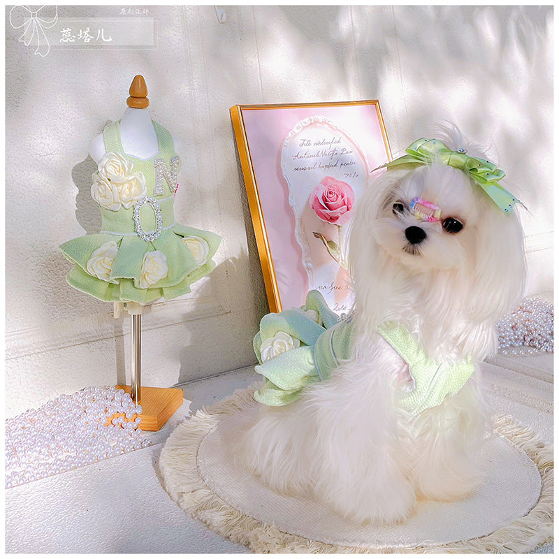 Maltese Yorkshire woolen dress small dog plush princess dress autumn and winter matcha green dress canopy skirt