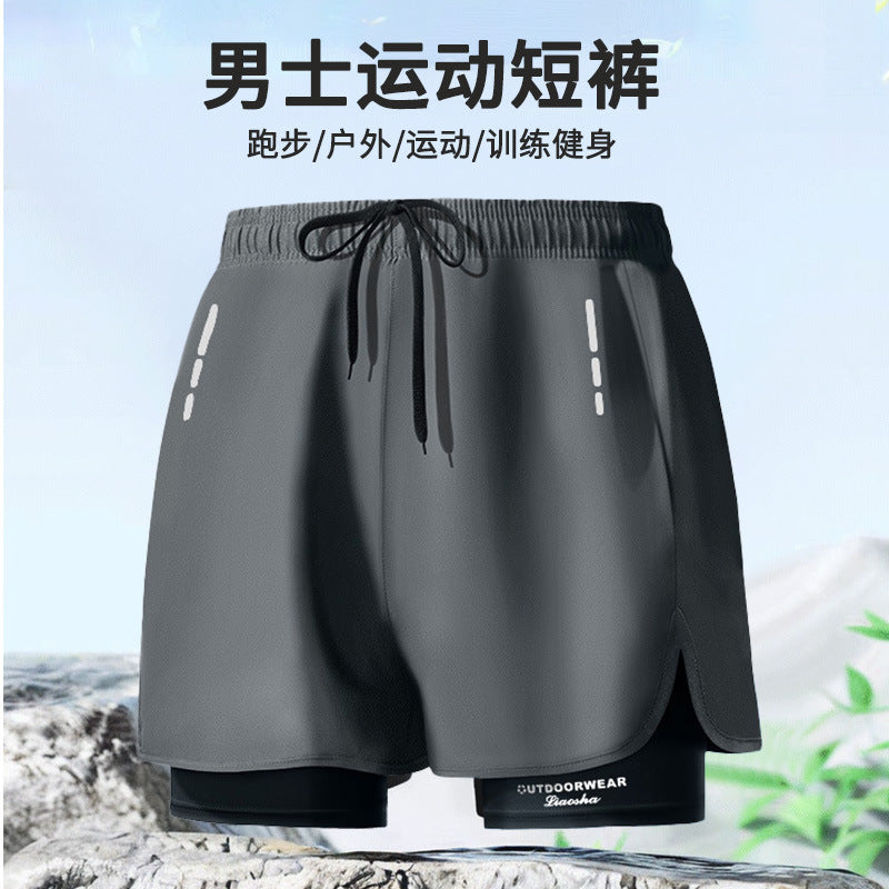 Sports shorts men's loose five-point lined double-layer fake two-piece outdoor swimming running shorts men's autumn wholesale