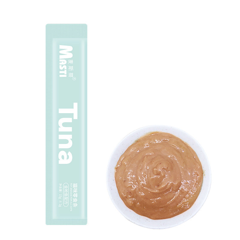 Manufacturer wholesale cat strips pet snacks 15g/piece, liquid wet food tuna chicken canned hair gills, cat snacks