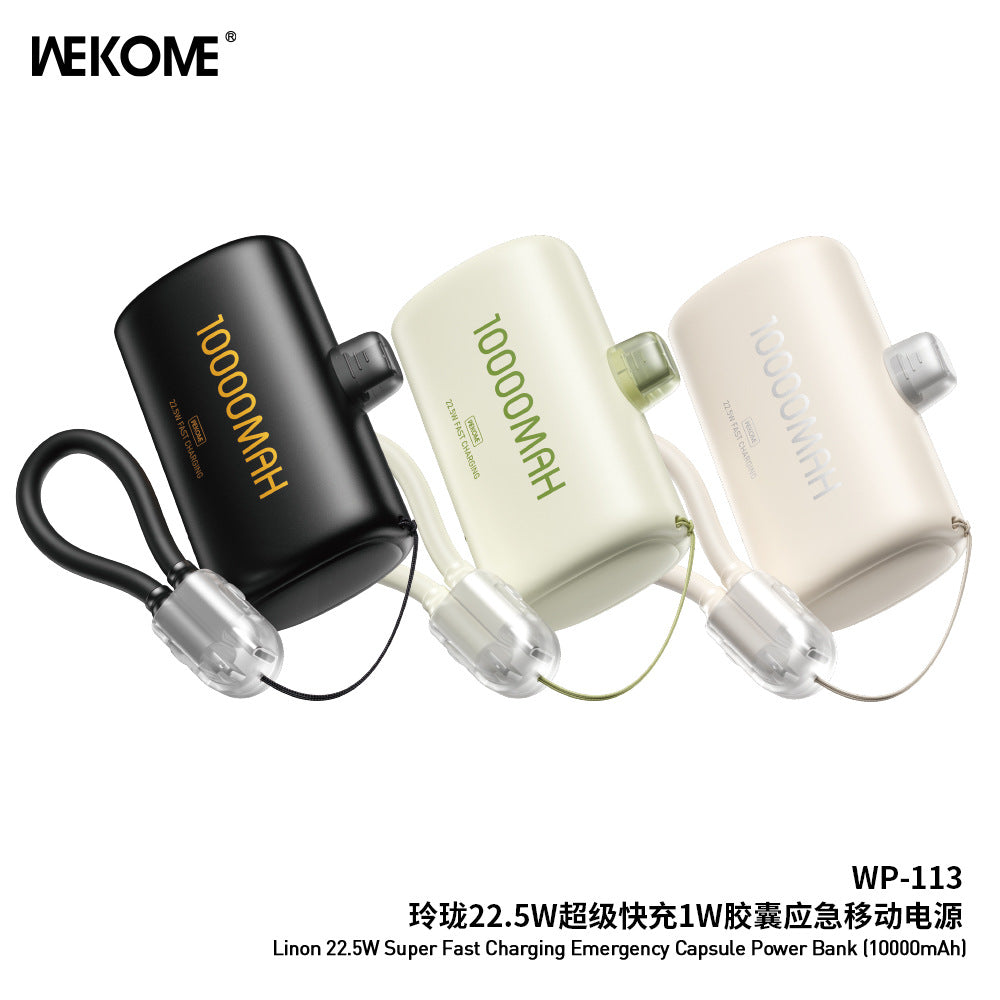 WEKOME mobile power bank fast charging with cable 3C certification, small and portable mini capsule power bank 10,000 mAh