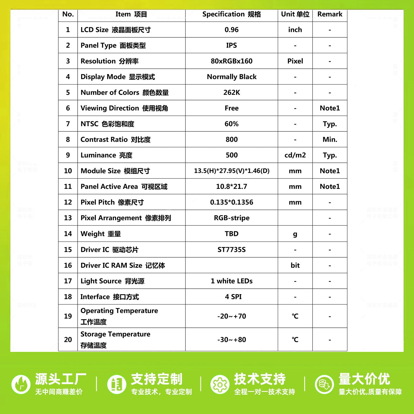 0.96 inch TFT display 80 * 160 resolution plug-in SPI interface serial port ST7735S smart wear