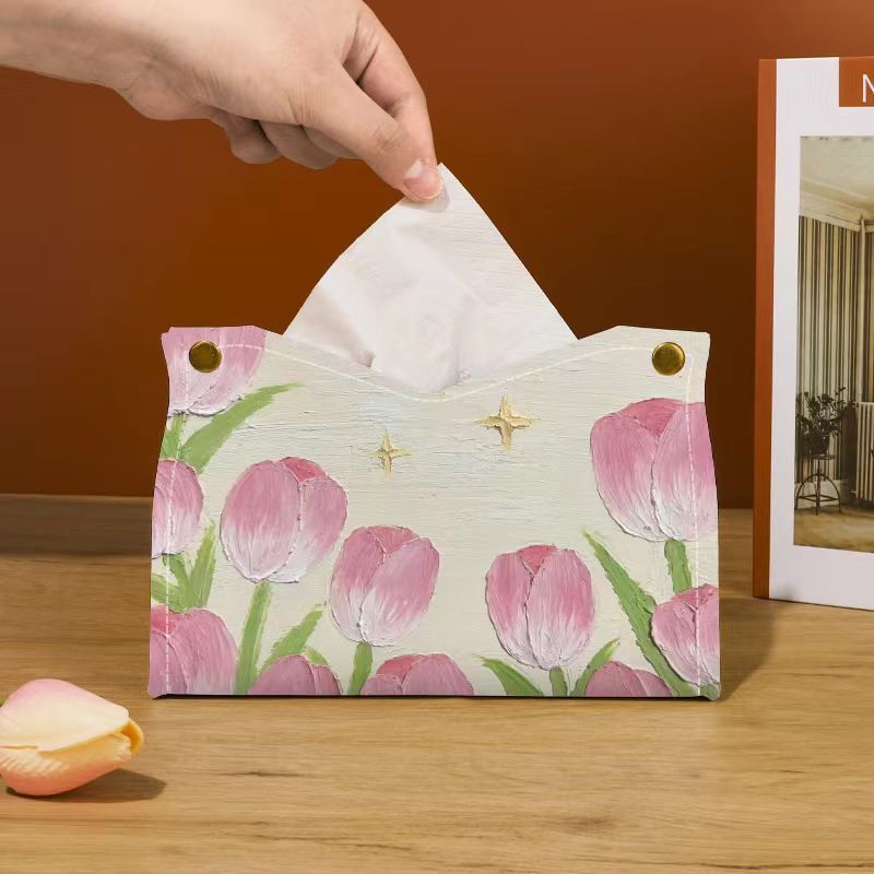 Pumping carton ins high value tulip oil painting tissue box car living room desktop paper pumping storage home decoration