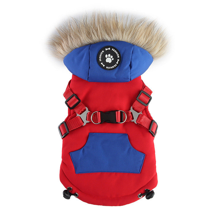 Cross-border popular pet autumn and winter clothes windproof and cold-proof puppy jacket integrated chest and back can pull dog cotton-padded clothes