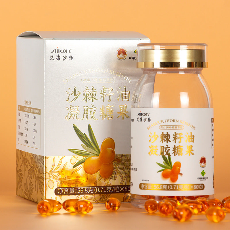 Aikang Seabuckthorn Oil Gel Candy Food 80 Capsules Bottled, Saccular Seabuckthorn Seed Oil Wholesale Agent Eye Protection