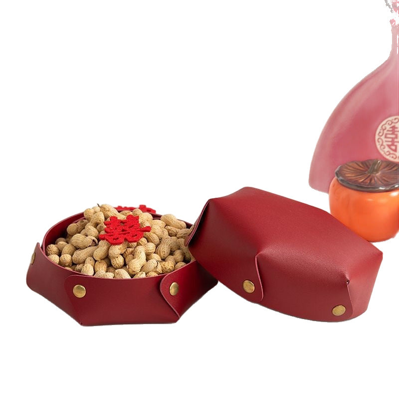 Large-capacity high-end sugar box fruit plate leather desktop storage box foldable wedding housewarming home daily dried fruit plate
