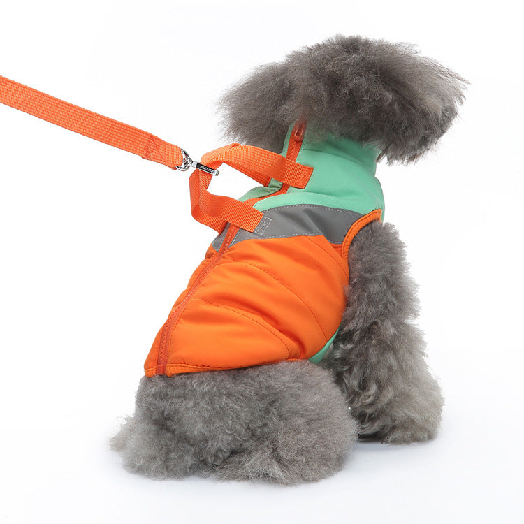 Cross-border popular pet autumn and winter clothes windproof and cold-proof puppy jacket integrated chest and back can pull dog cotton-padded clothes