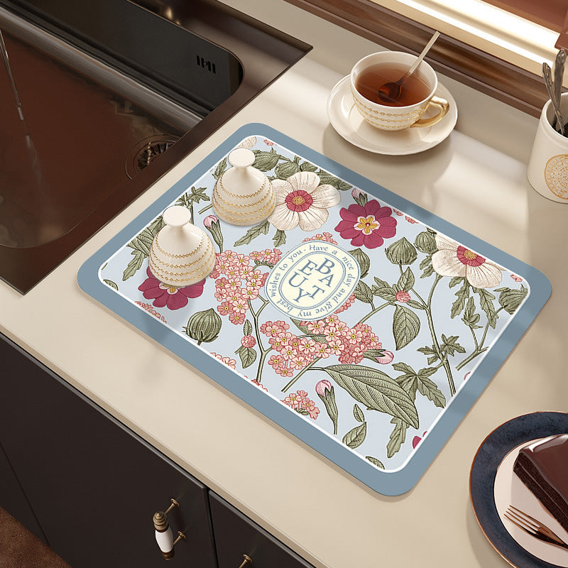 Cross border temu European style retro floral diatom mud kitchen drain mat home dining table countertop dirt resistant insulated table mat