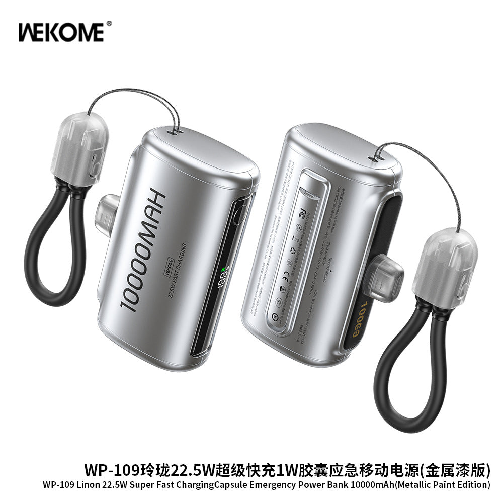 WEKOME mobile power bank fast charging with cable 3C certification, small and portable mini capsule power bank 10,000 mAh