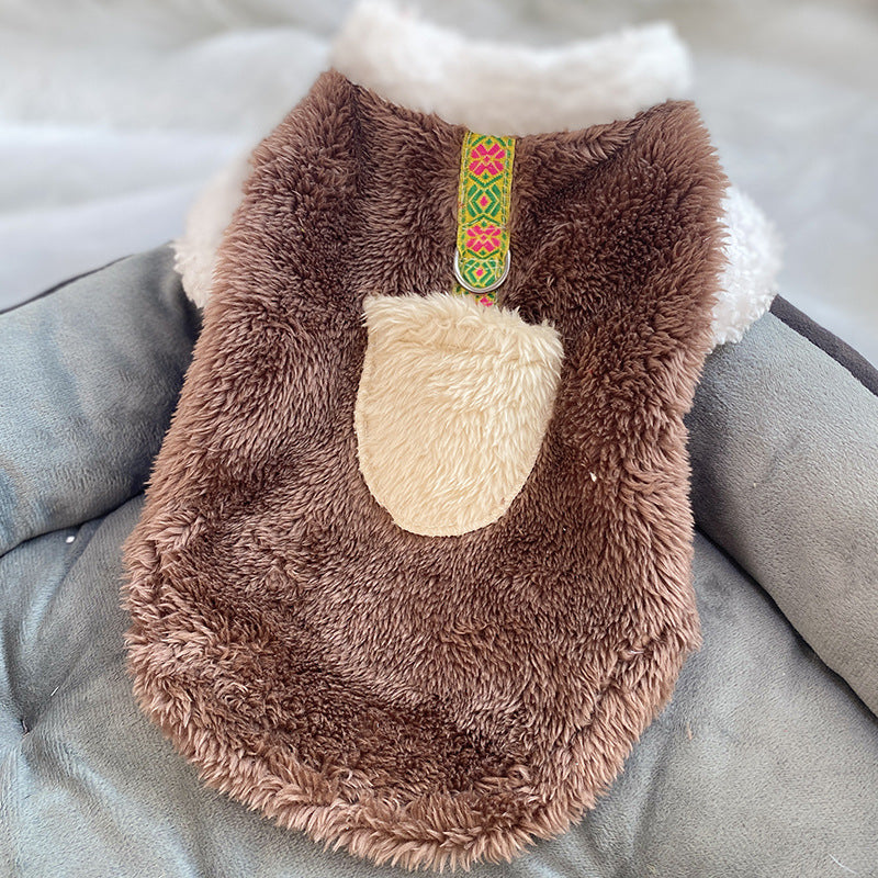 Ultra small dog cat clothes autumn and winter plush four-legged small size puppy teacup dog belt traction thickened warm