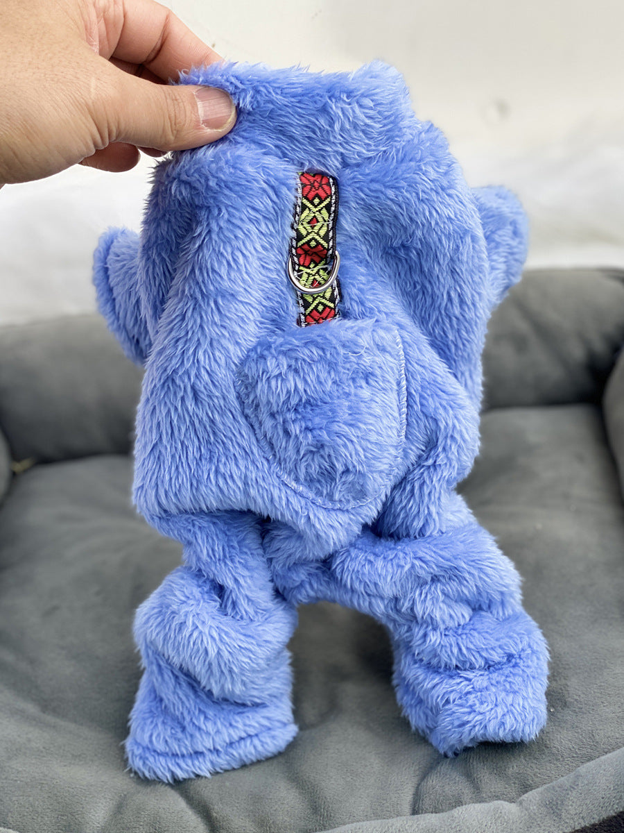 Ultra small dog cat clothes autumn and winter plush four-legged small size puppy teacup dog belt traction thickened warm