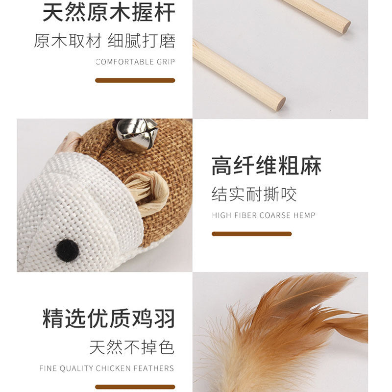 Cat toy wooden pole cat teaser stick linen mouse gray white handheld interactive cat teaser handle wooden handle manufacturer spot batch