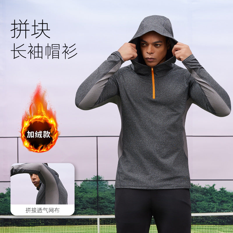 Men's fleece sports sweater autumn and winter hooded semi-zipper gym wear outdoor casual tights windproof sportswear